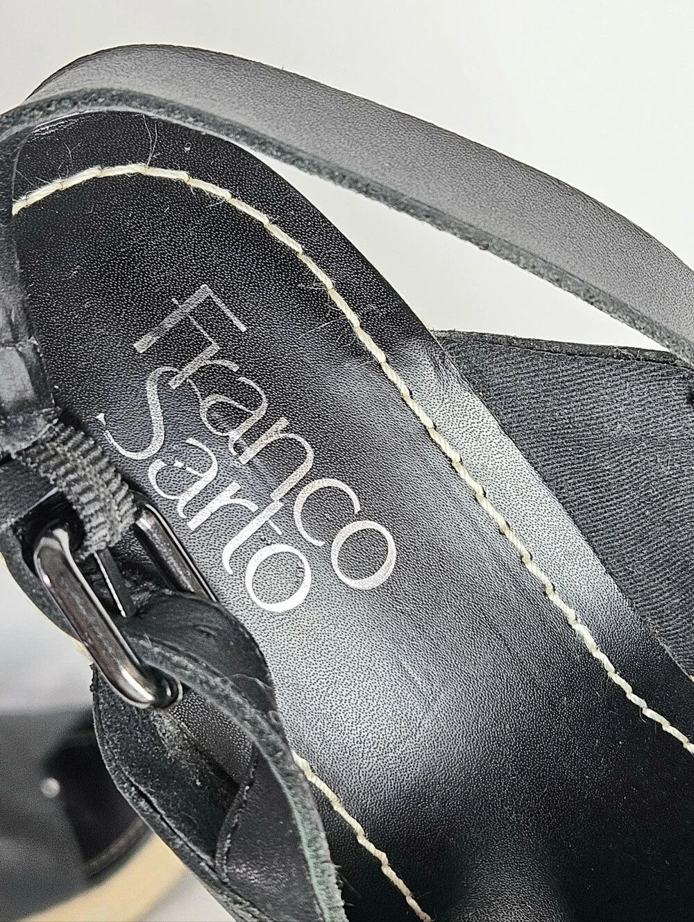 Franco Sarto Size 7.5 Espidrille Sandals Black Strap Leather Sling Back Buckle